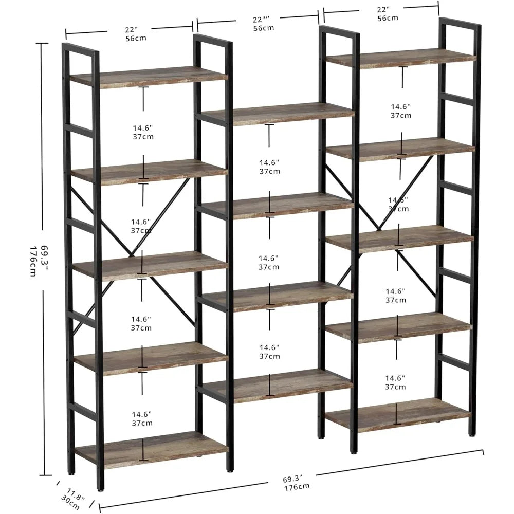 Triple Wide Industrial Bookshelf 5 Tiers Large Open Display Shelf