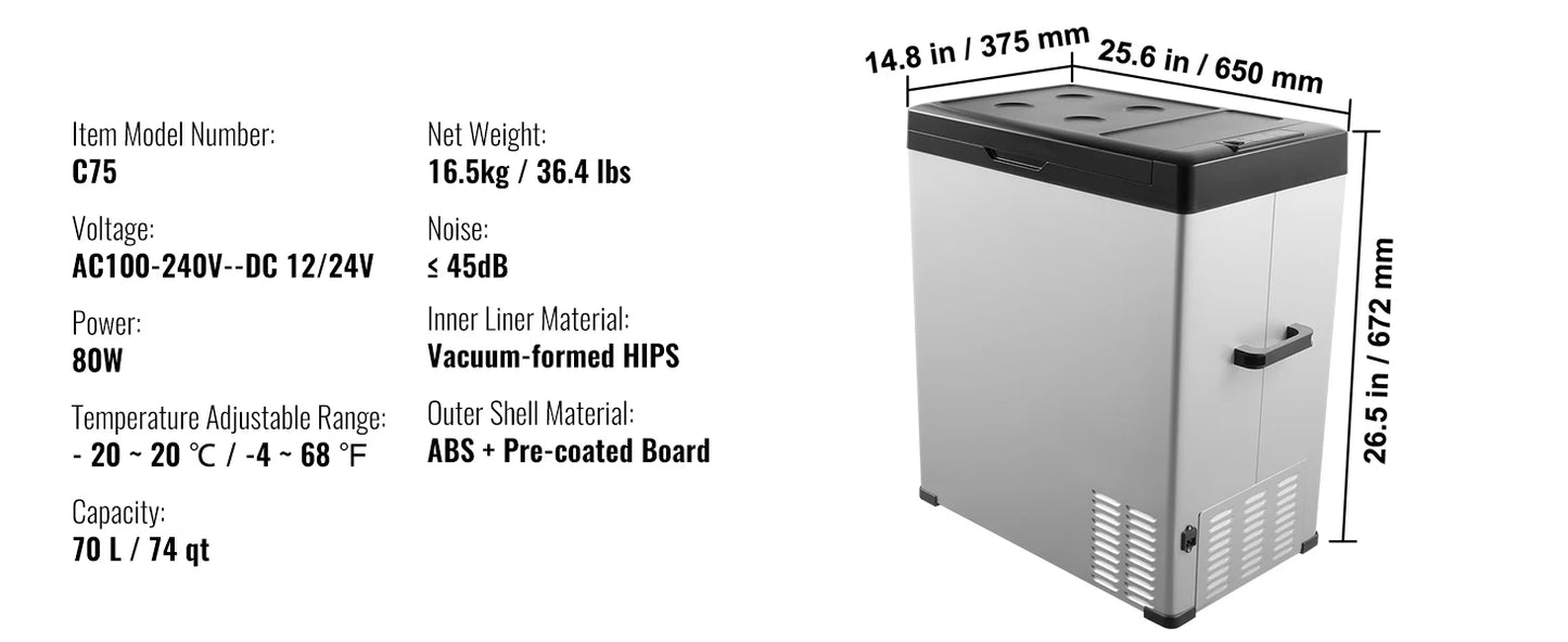 Ljustra Portable Car Refrigerator 70L 12V 24V AC Compressor Camping