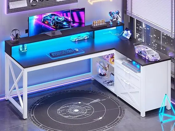L Shaped Gaming Desk with LED Lights Power Outlet Storage Drawers