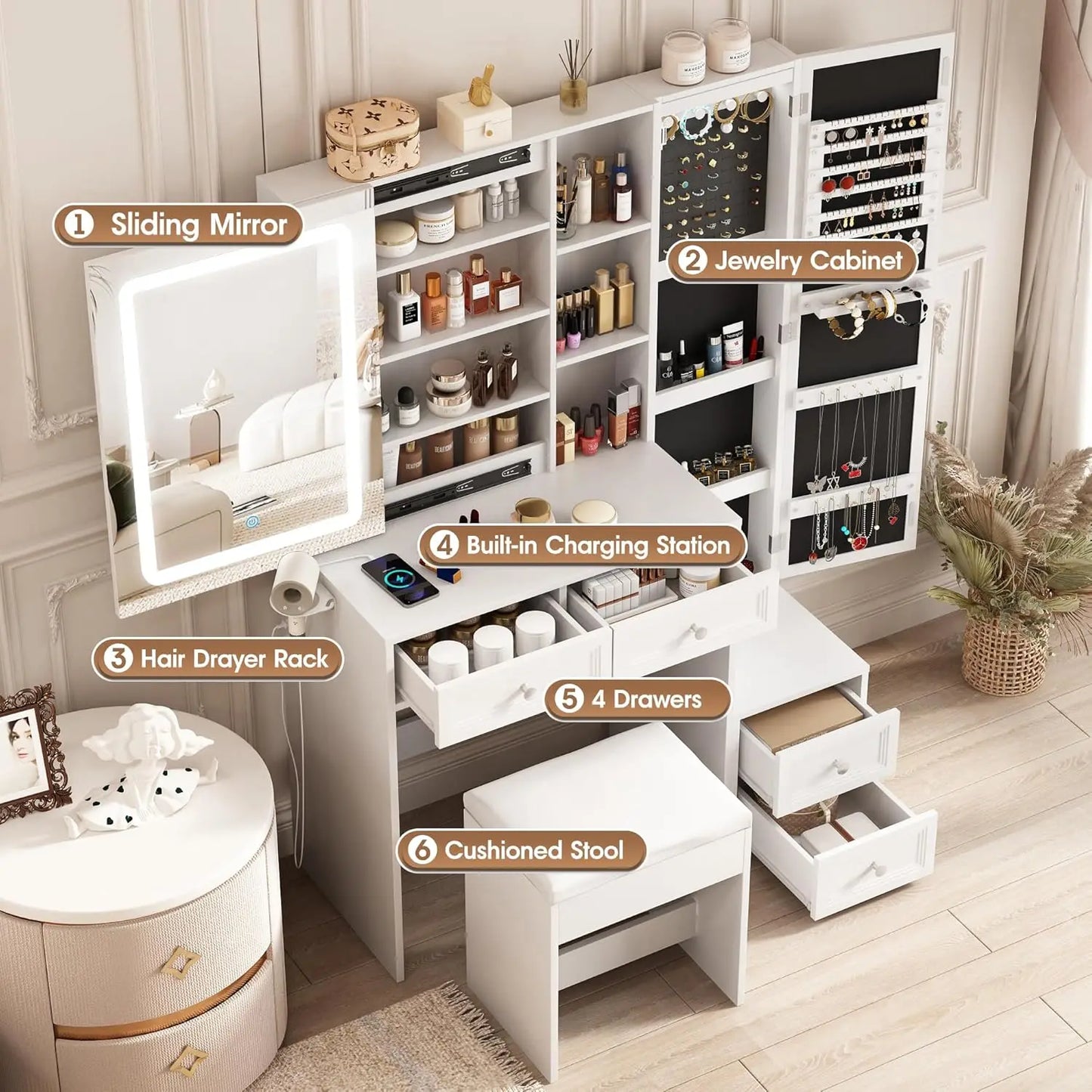 Makeup Vanity Desk with LED Mirror Jewelry Storage Charging Station