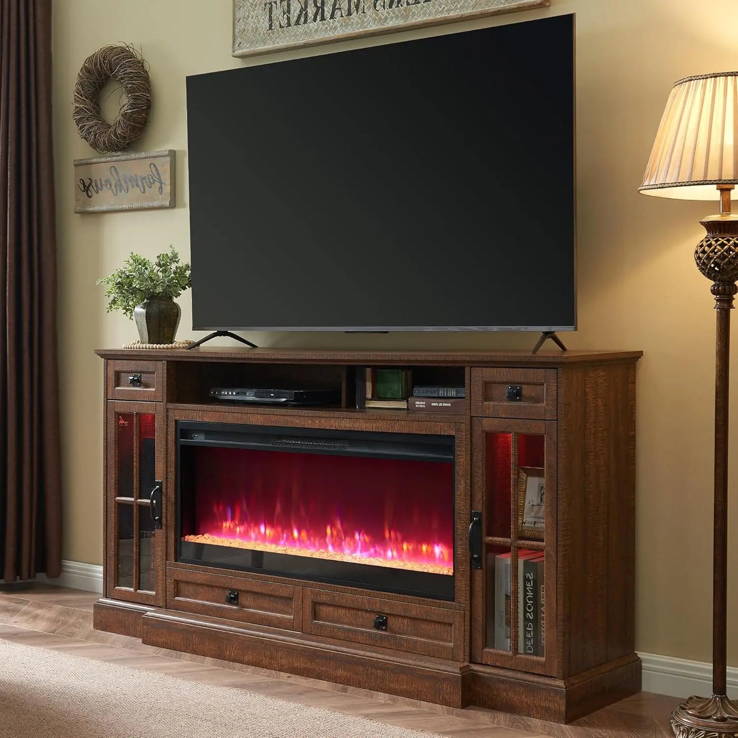 Fireplace TV Stand for 80 Inch TV Farmhouse Entertainment Center LED Lights