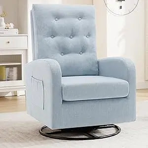 Swivel Rocking Chair Nursery Glider Upholstered Linen Armchair Indoor