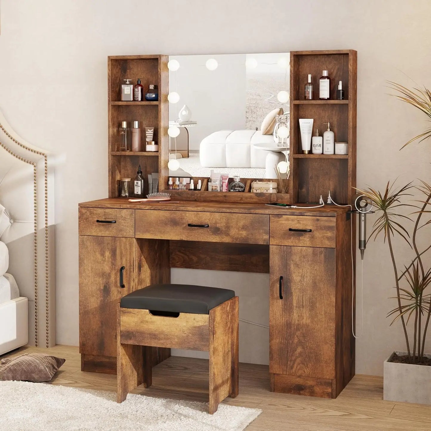 Makeup Vanity Table with Lighted Mirror and Storage 3 Lighting Modes