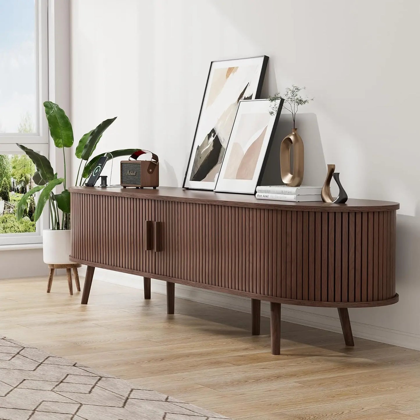 69 Inch Mid Century Modern TV Stand with Charging Station and Drawer