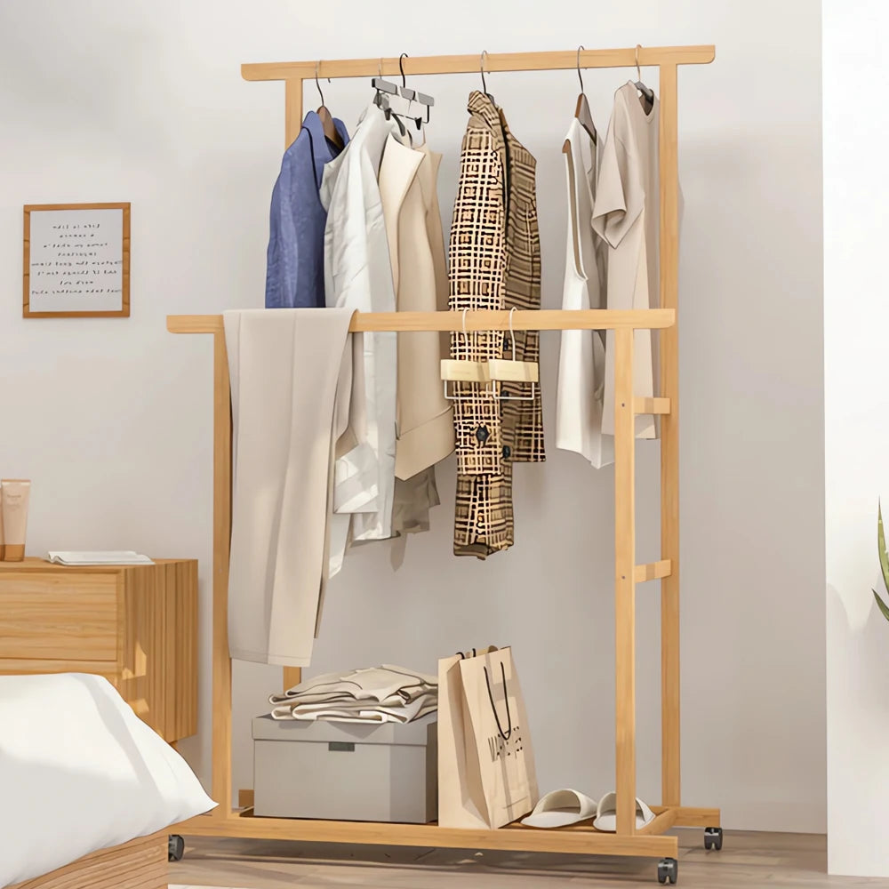 Ljustra Bamboo Clothes Rail Double Hanging Rack on Wheels with Shelves