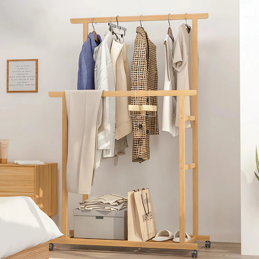 Ljustra Bamboo Clothes Rail Double Hanging Rack on Wheels with Shelves