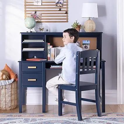 Kids Taiga Desk Chair Set with Hutch Storage Shelves Corkboard Drawers