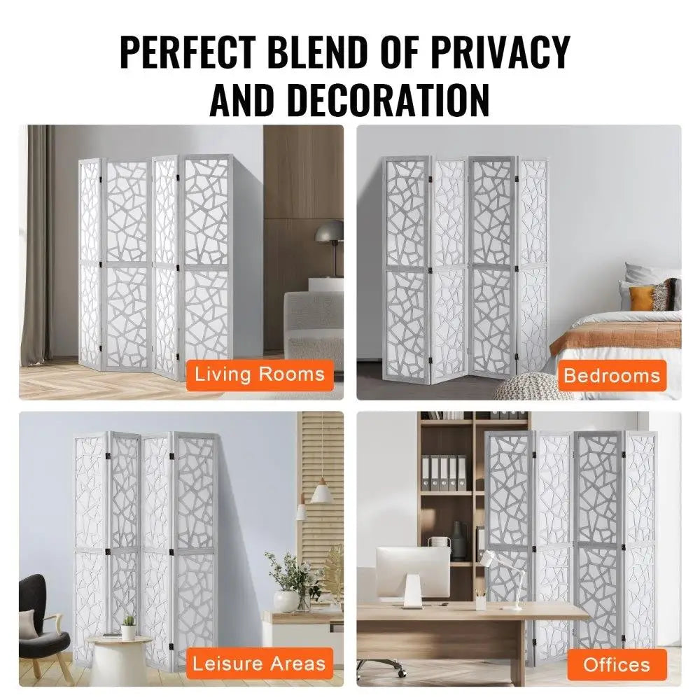4 Panel Wood Folding Screen Carved Wooden Room Divider Privacy Partition