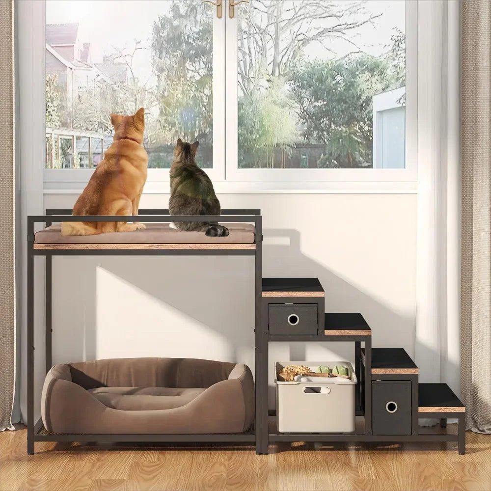 Pet Bunk Bed with Stairs Storage Multi-Level Elevated Bed for Cats Dogs