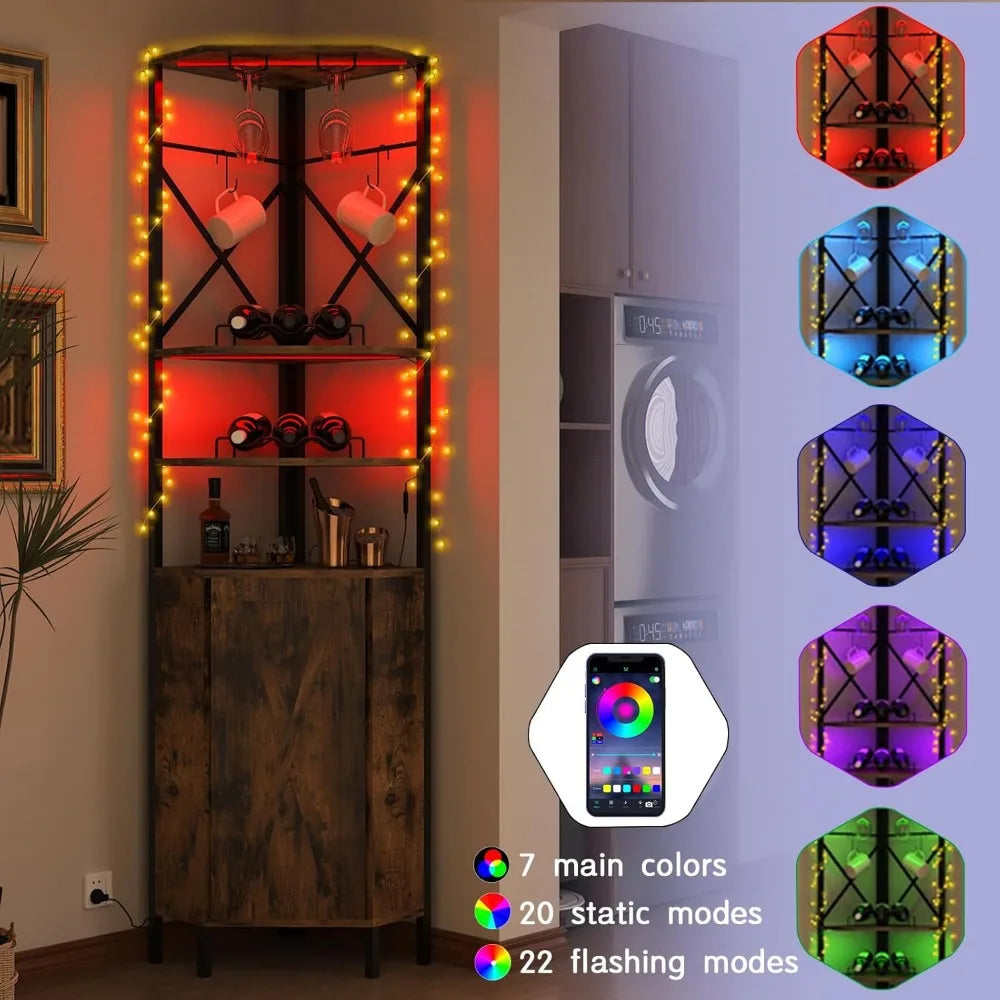 6-Tier Corner Wine Rack with Charging Station LED Lighting Industrial