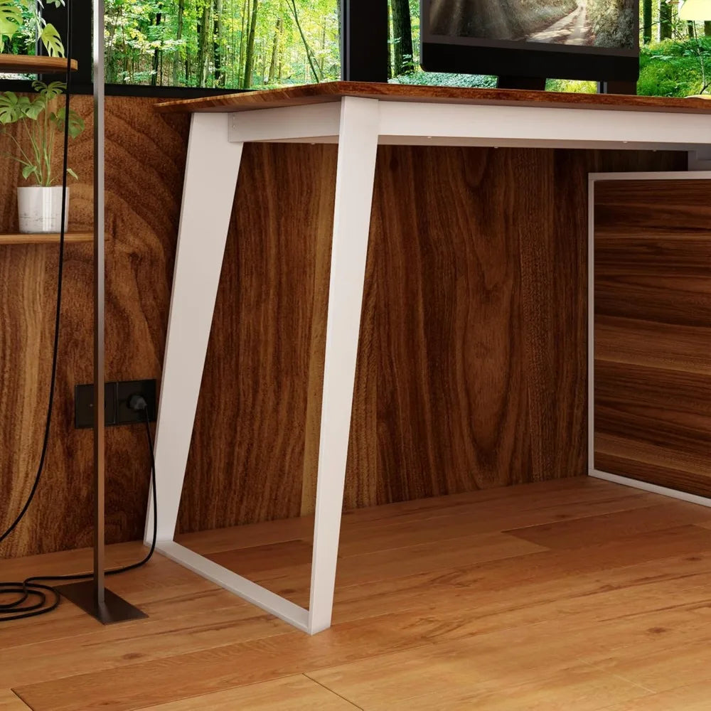 L-Shaped Home Office Desk with Storage 3 Drawers 2 Shelves Modern Design