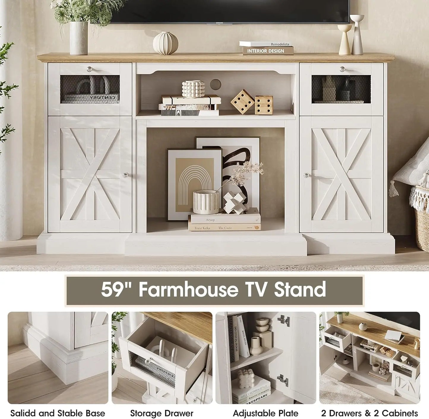 Modern Farmhouse TV Stand for 65 Inch TV Entertainment Center Storage