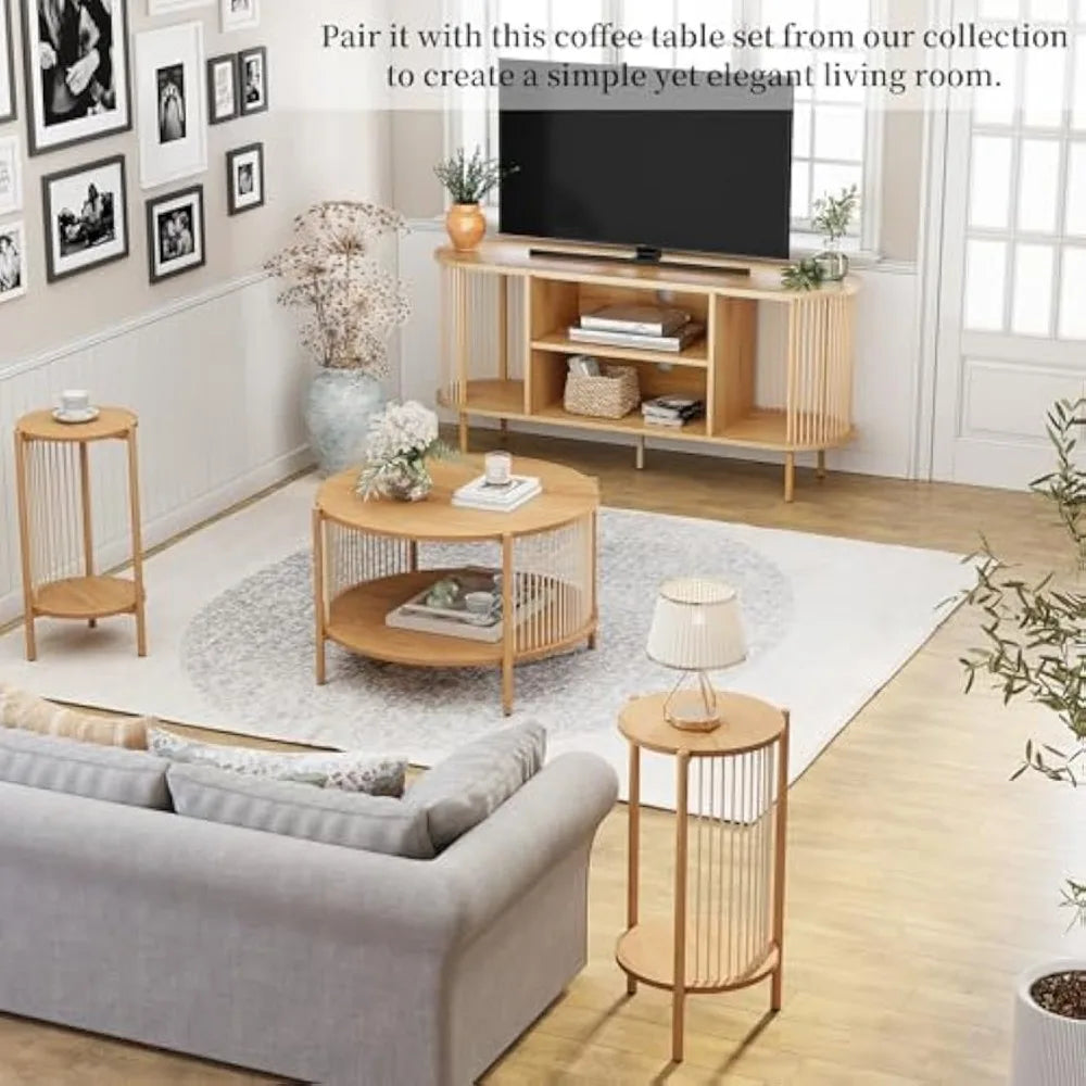 Oval Boho TV Console Hand-Woven Mid-Century Modern TV Stand Storage