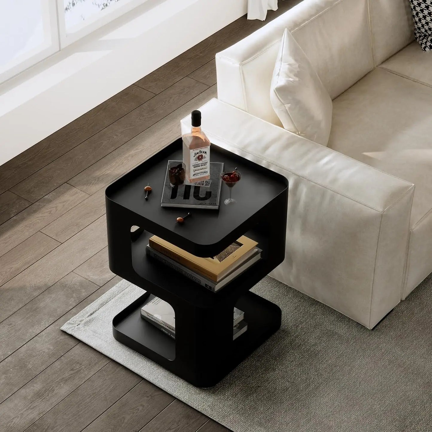 Modern Unique Nightstand Black Metal Side Table with Storage for Bedroom