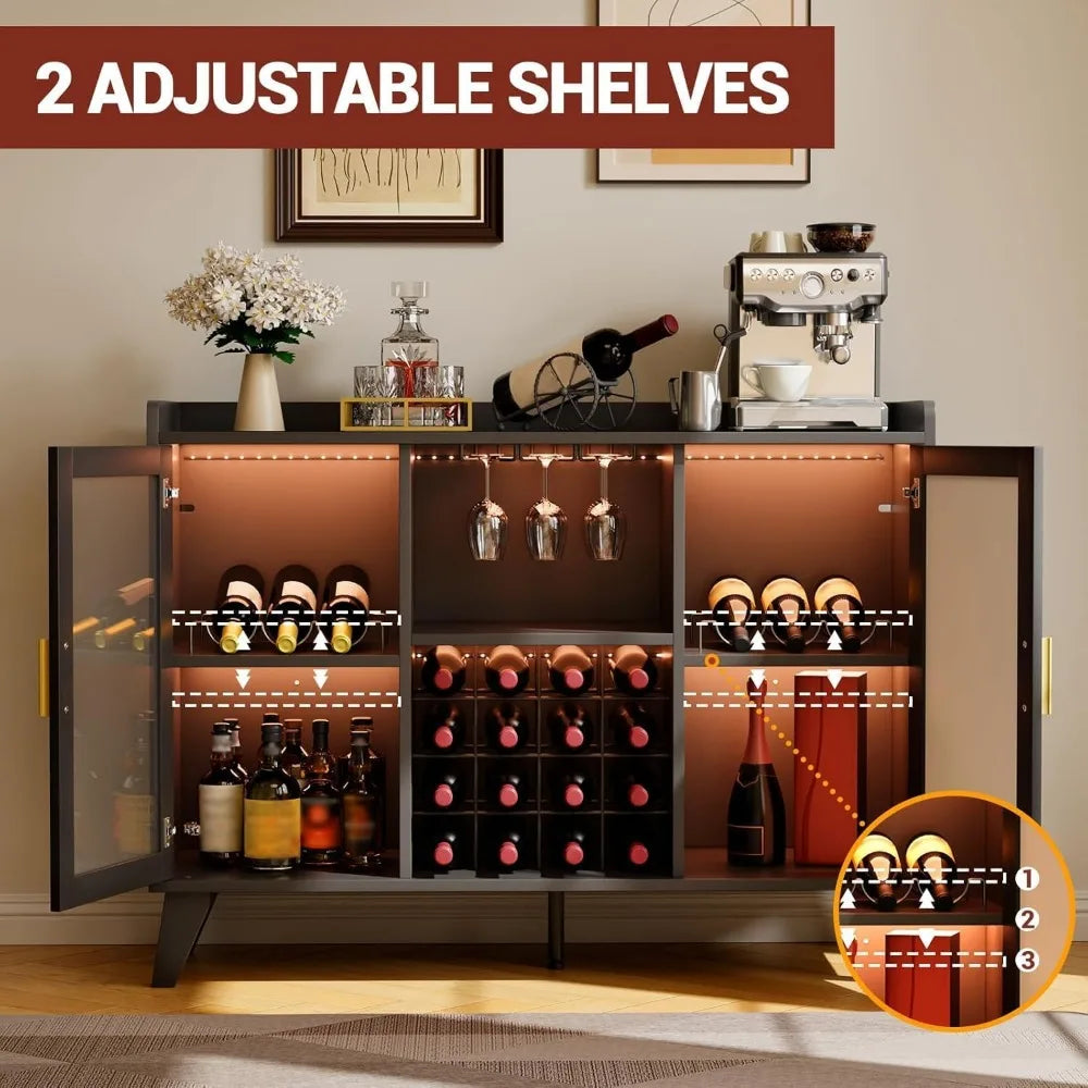 Modern Wine Bar Cabinet LED Light Coffee Liquor Storage Sideboard