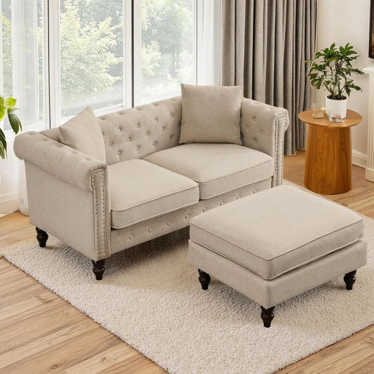 Classic Chesterfield Tufted Linen Loveseat Sofa with Gourd Legs
