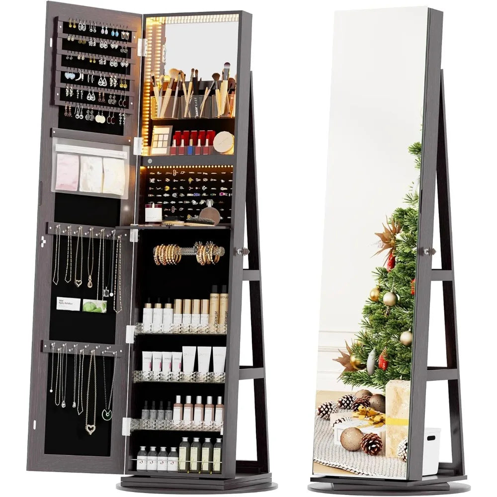 360 Degree Swivel Jewelry Cabinet Full Length Mirror Storage Organizer