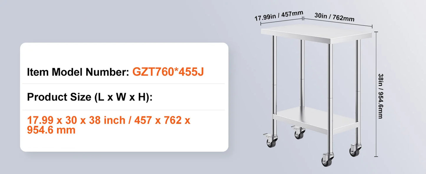 Heavy Duty Stainless Steel Work Table with Wheels Adjustable Height