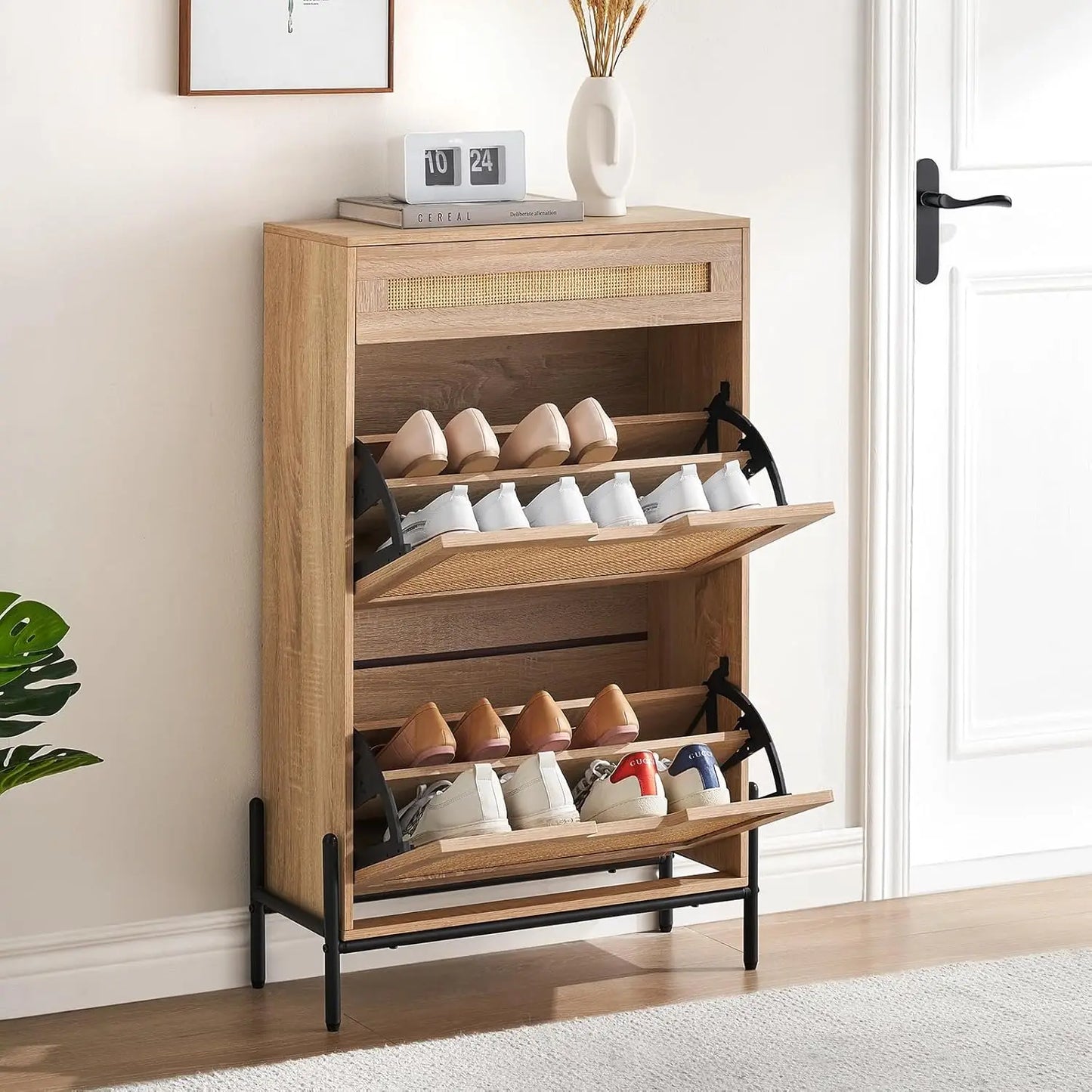 Shoe Cabinet Storage Organizer Rattan Entryway Freestanding Flip Drawers