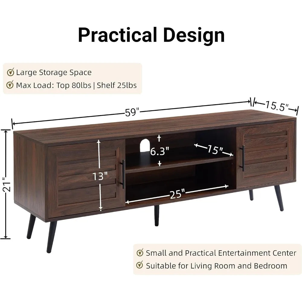 65 Inch Mid Century Modern TV Stand Wood Storage Cabinet for Living Room