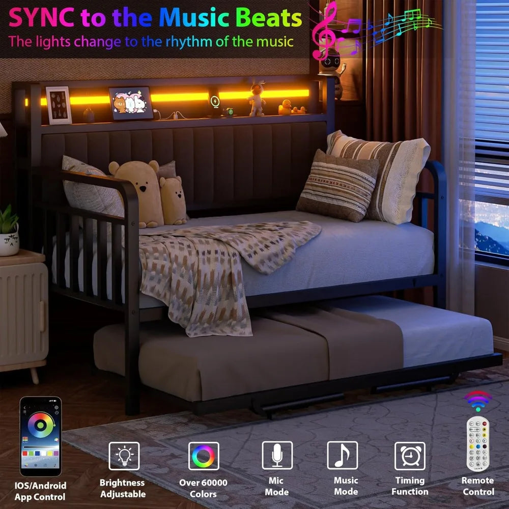 Twin Size Daybed with Trundle LED Lighting Upholstered Headboard Charging Station