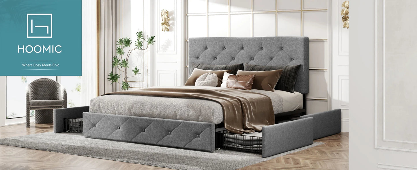 Ljustra Platform Storage Bed Frame 4 Drawers Adjustable Headboard Modern