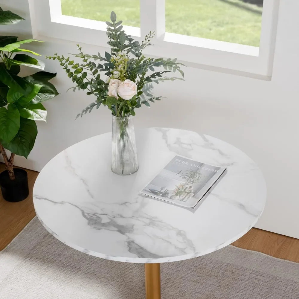 31.5 Inch Round Dining Table White Faux Marble Top Golden Legs Modern