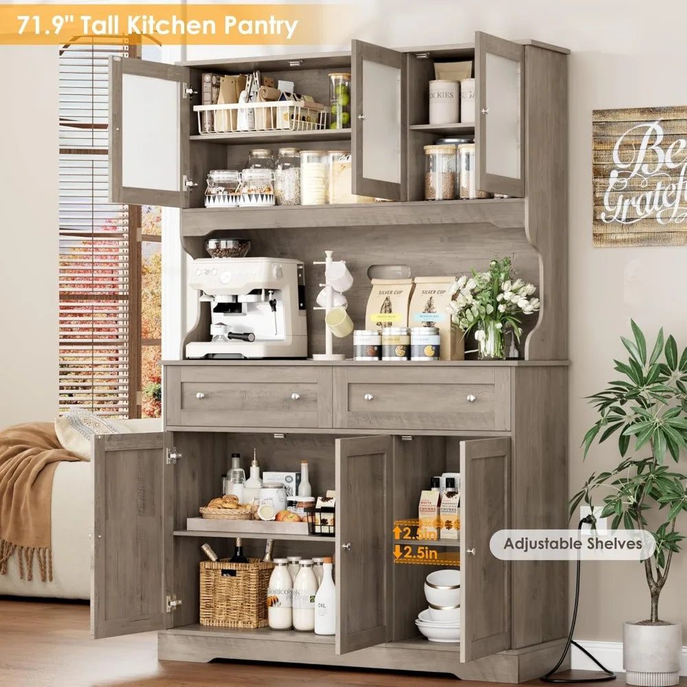 Tall Kitchen Pantry Cabinet with Countertop and Outlets Farmhouse Style