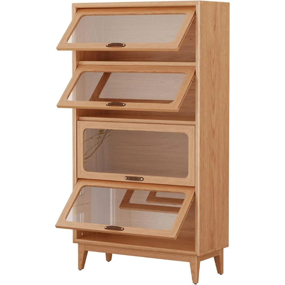 Ljustra Solid Wood Book Case 4Tier Bookshelves with Tempered Glass Doors