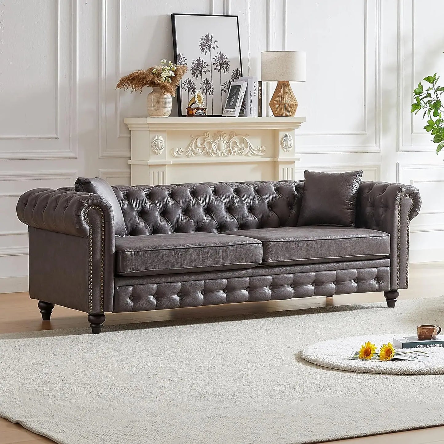 Ljustra Rolled Arm 3-Seater Sofa Couch with Nailhead Trim and Pillows
