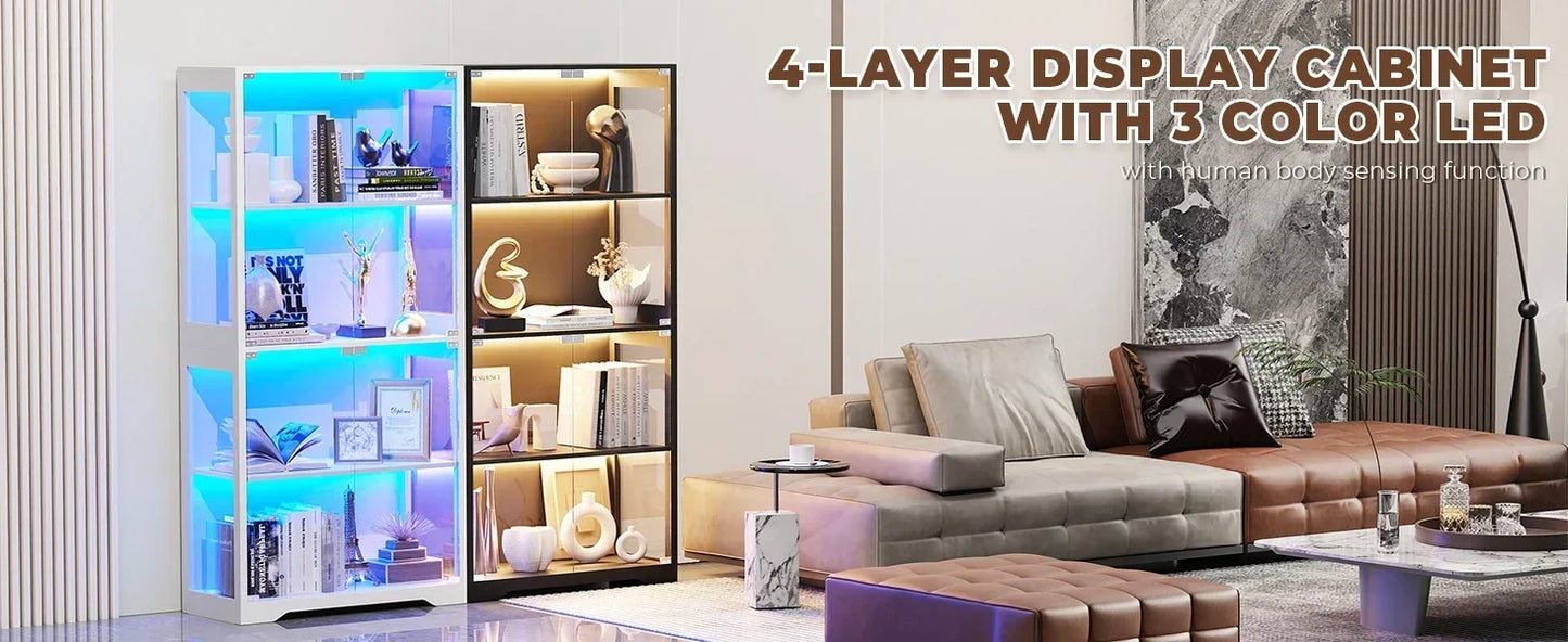 Display Cabinet 4-Tier Curio Cabinet Bookcase with LED Light for Collectibles