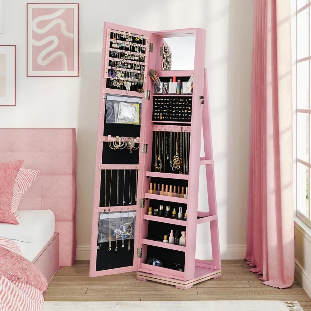 360° Swivel Jewelry Armoire Full Length Mirror Lockable Cabinet Organizer