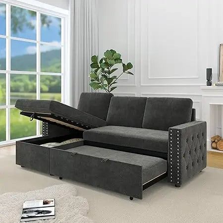 Reversible Sleeper Sectional Sofa Tufted Chenille L-Shaped Couch