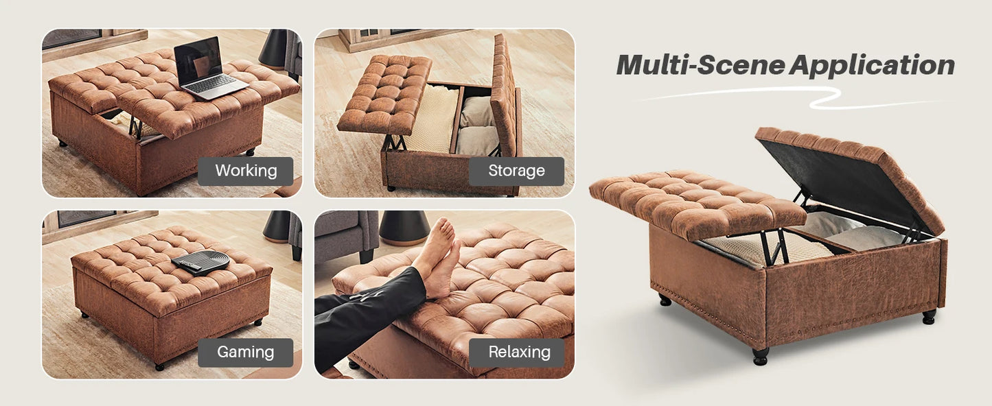 Ljustra Large Square Storage Ottoman Bench Lift Top Tufted Fabric Living Room