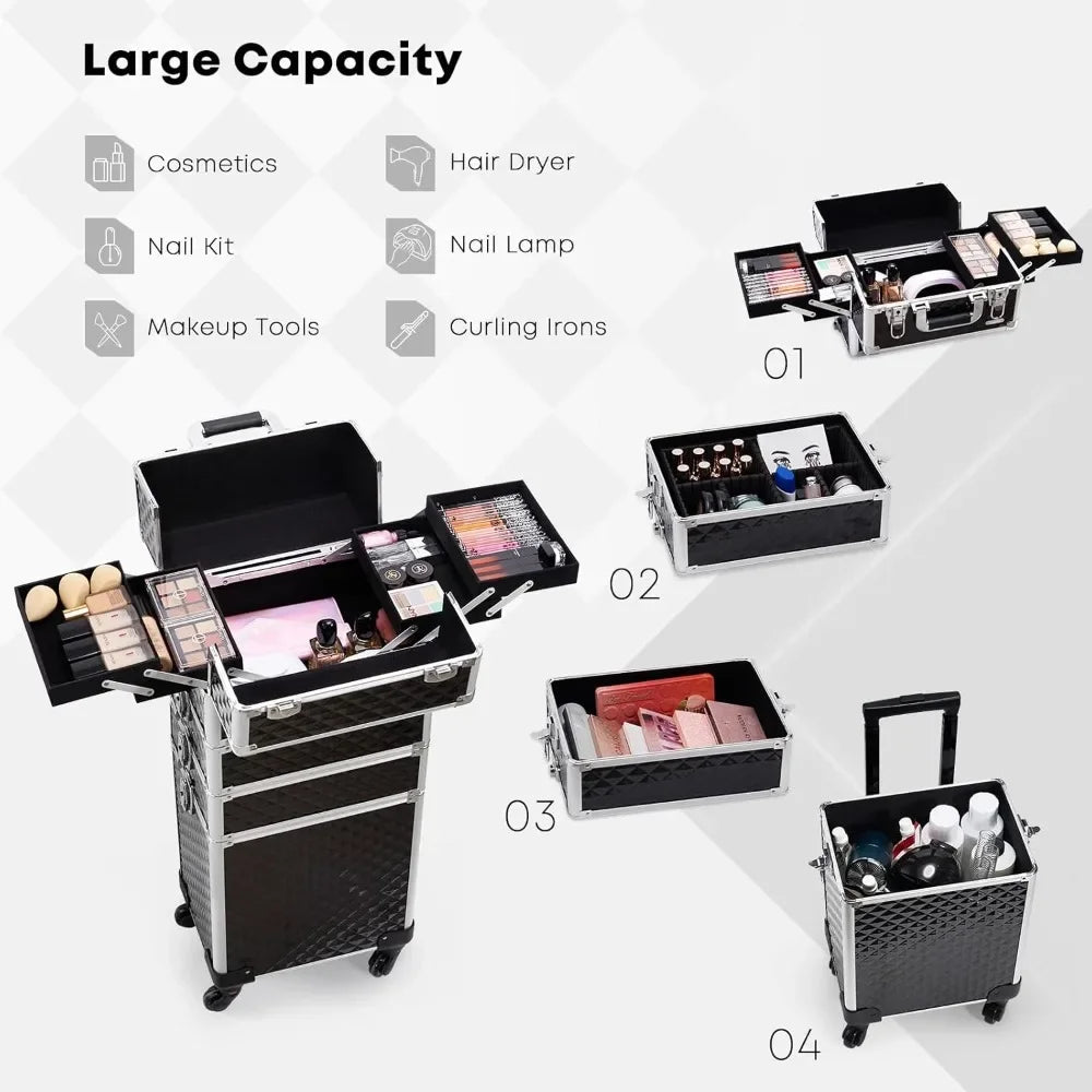 Ljustra Rolling Makeup Case with Wheels 4 in 1 Cosmetic Train Case
