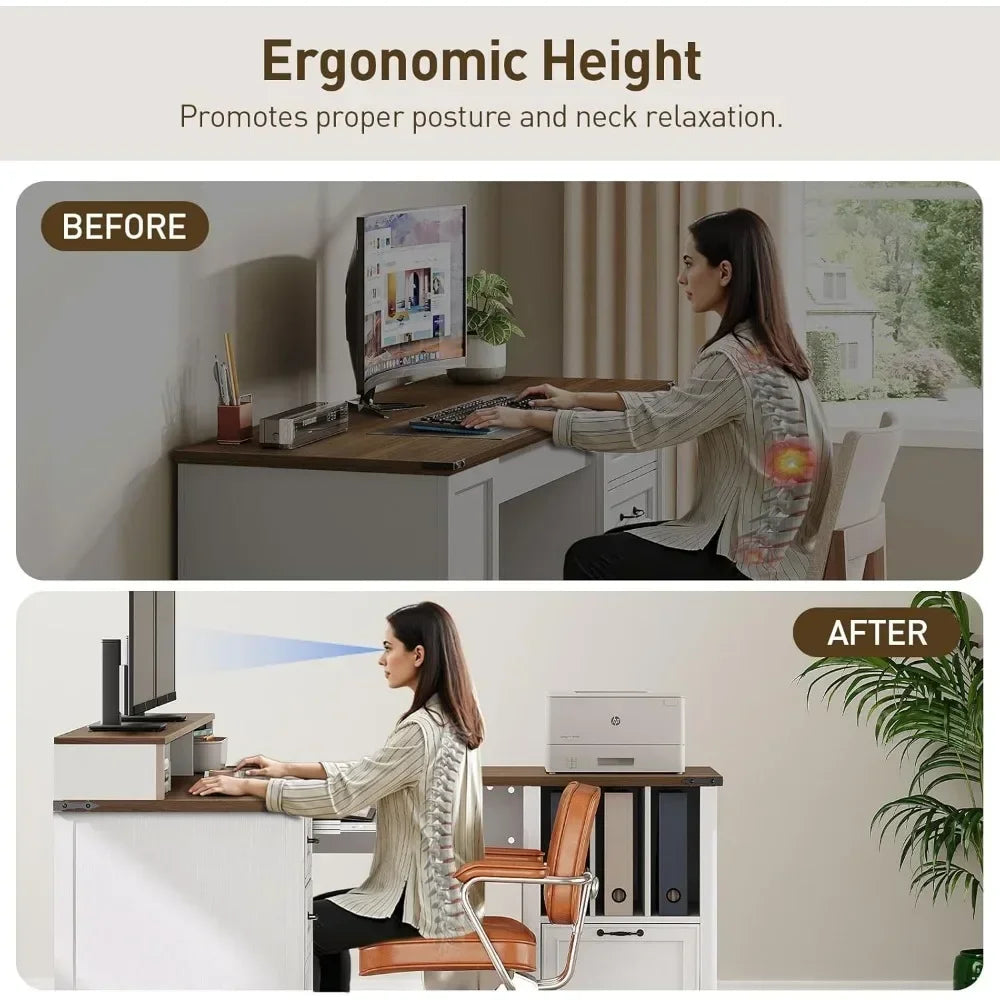 Farmhouse L Shaped Desk with Drawer and Charging Station for Home Office