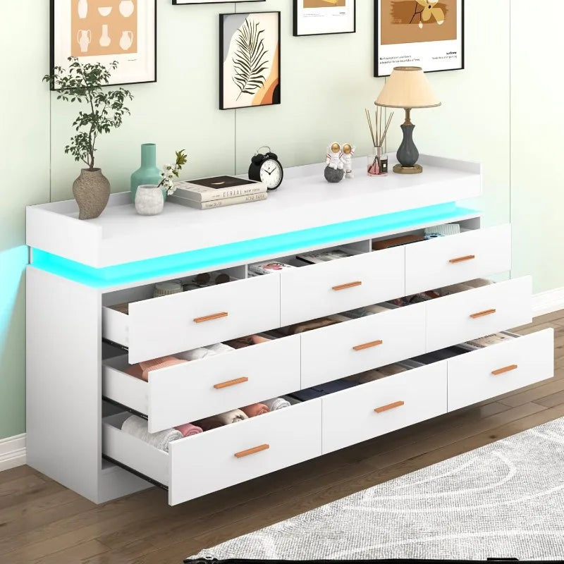 Modern 9 Drawer Dresser with LED Light and Charging Station