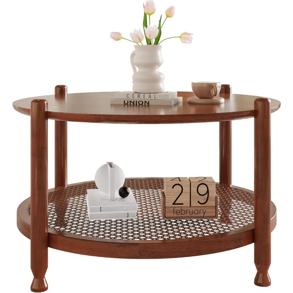 32 Inch Round Coffee Table Rustic Wood 2-Tier Boho Woven Storage