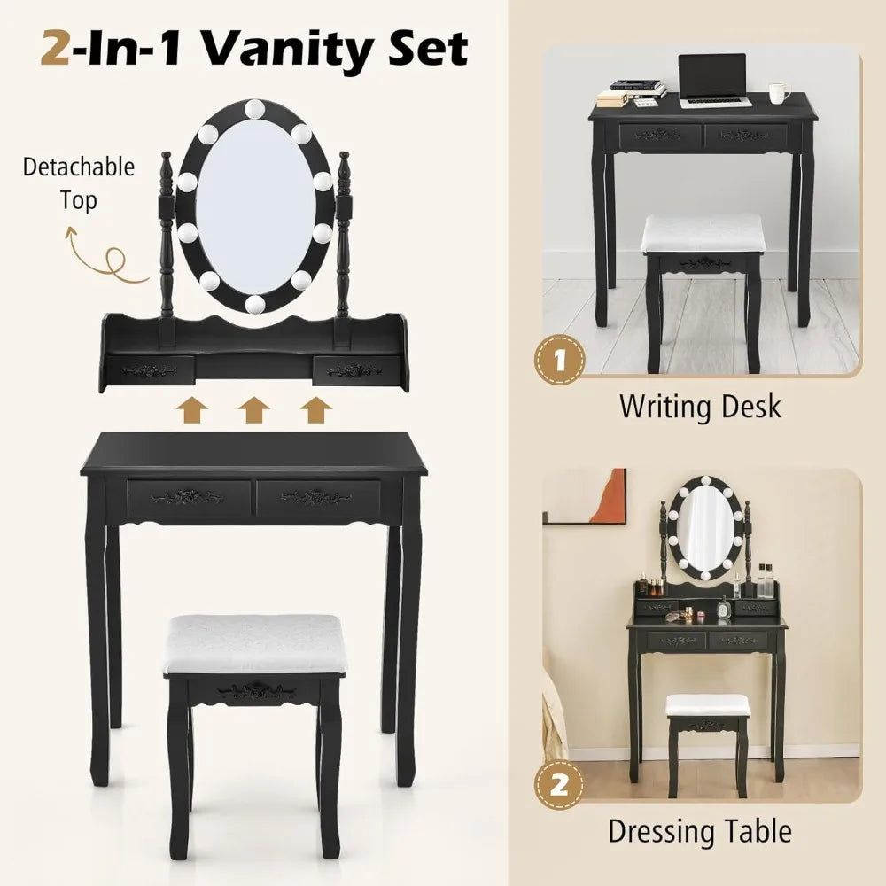 Vanity Table Set with Lighted Mirror Adjustable Brightness Storage