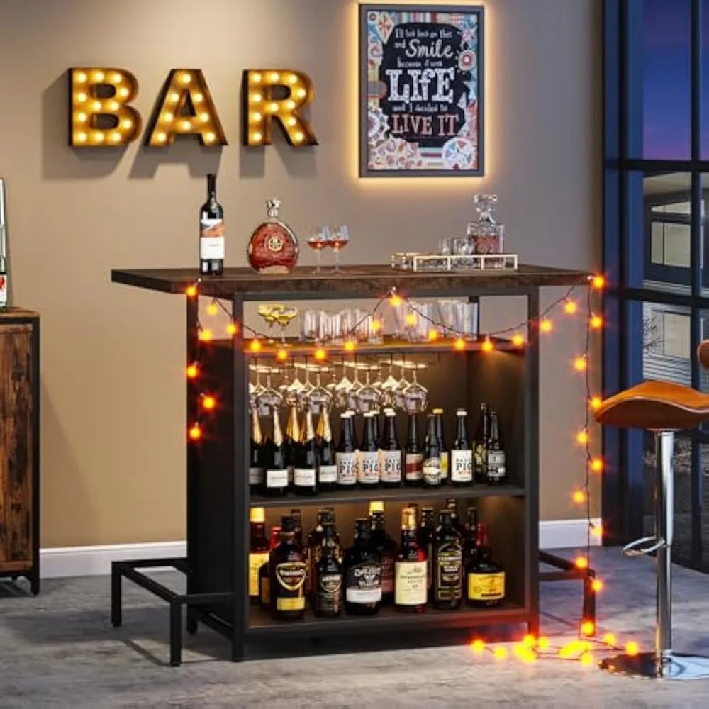 Industrial Home Bar Unit 3-Tier Liquor Table with Stemware Racks