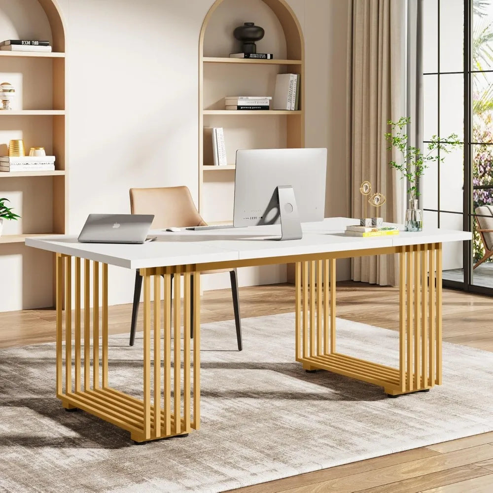 Ljustra 70.9" Modern Office Desk Wooden Computer Desk Gold Legs Workstation