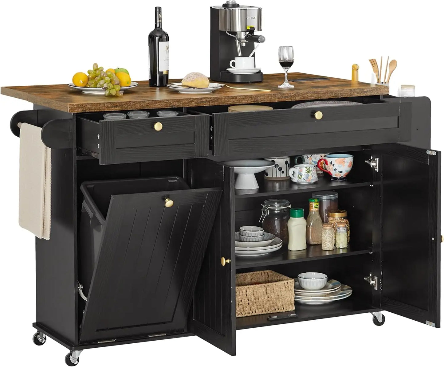 60" Mobile Kitchen Island Rolling Trolley with Power Outlet and Spice Rack
