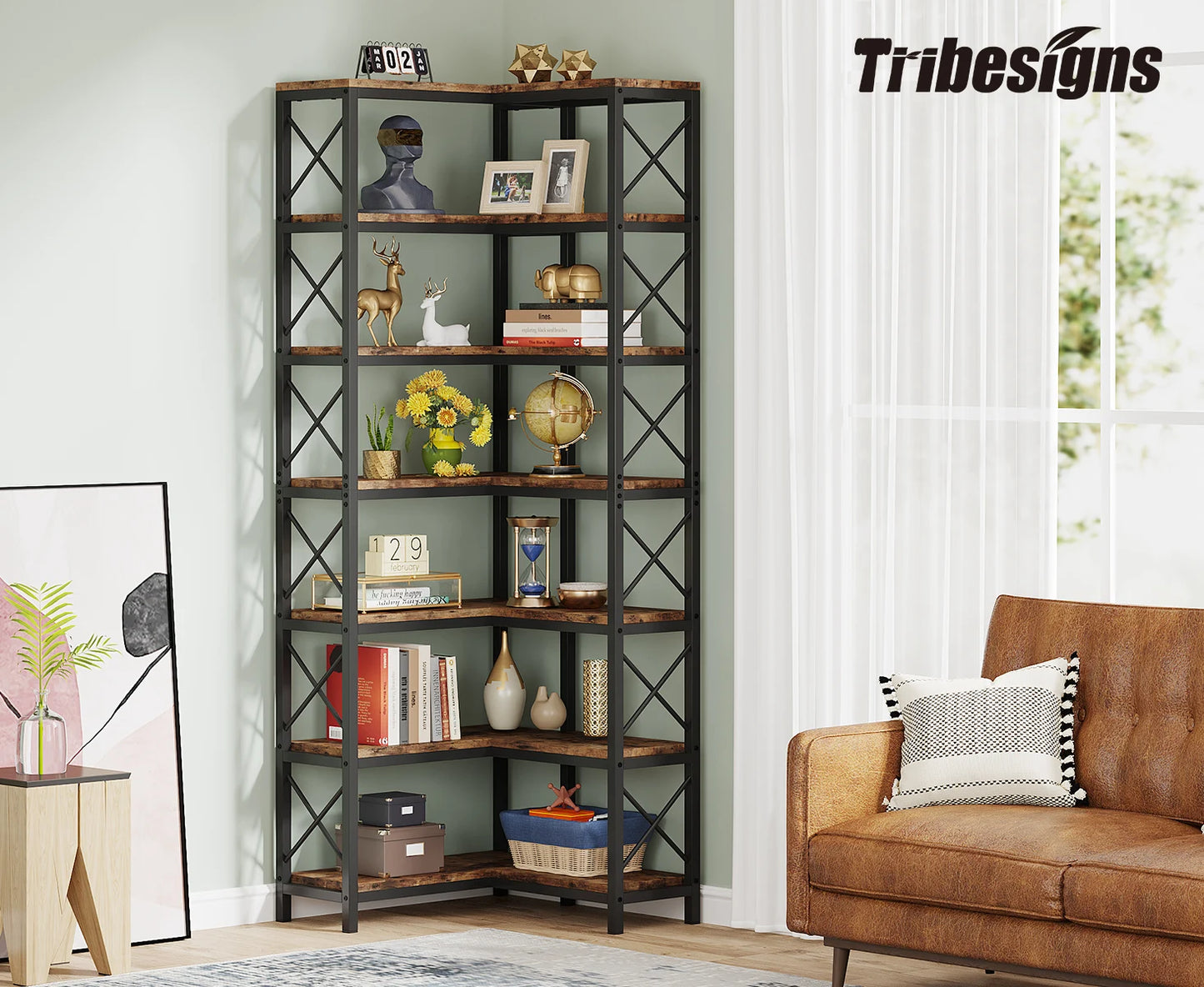 Ljustra 7-Shelf Corner Bookshelf Modern Corner Bookcase Storage Rack