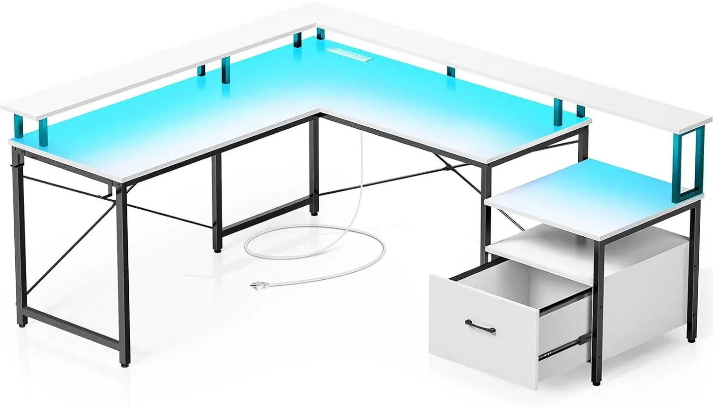 L Shaped Computer Desk with File Drawer Power Outlet LED Strip 64 Inch