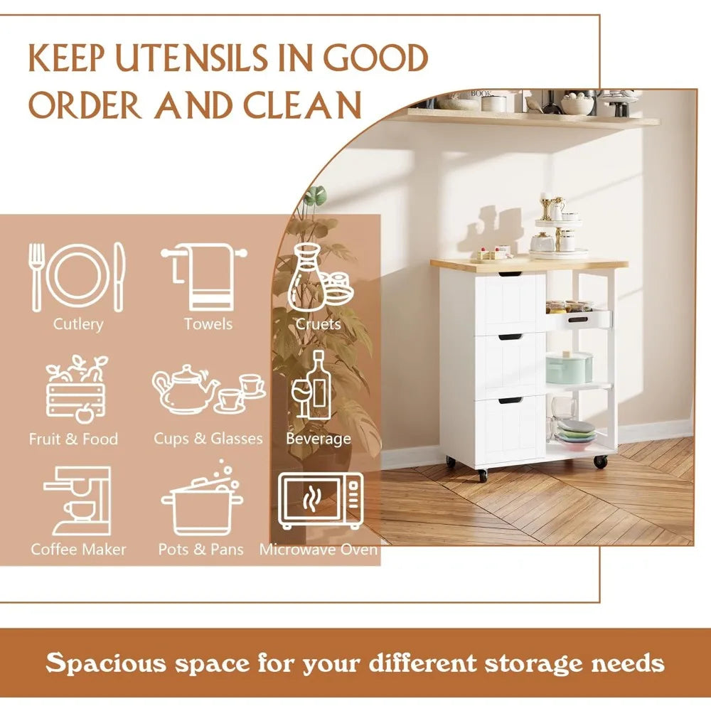 Kitchen Island Storage Cart Rolling Microwave Cart with 3 Drawers