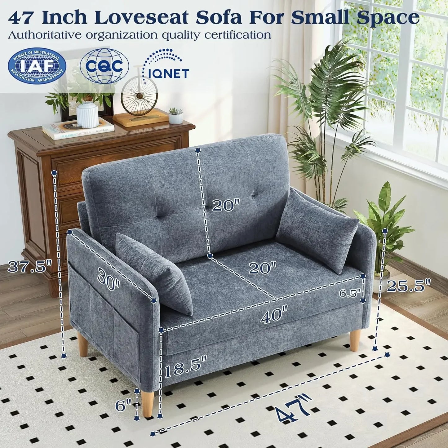 Loveseat Sofa 47 Inch Small Couch for Living Room Bedroom Chenille