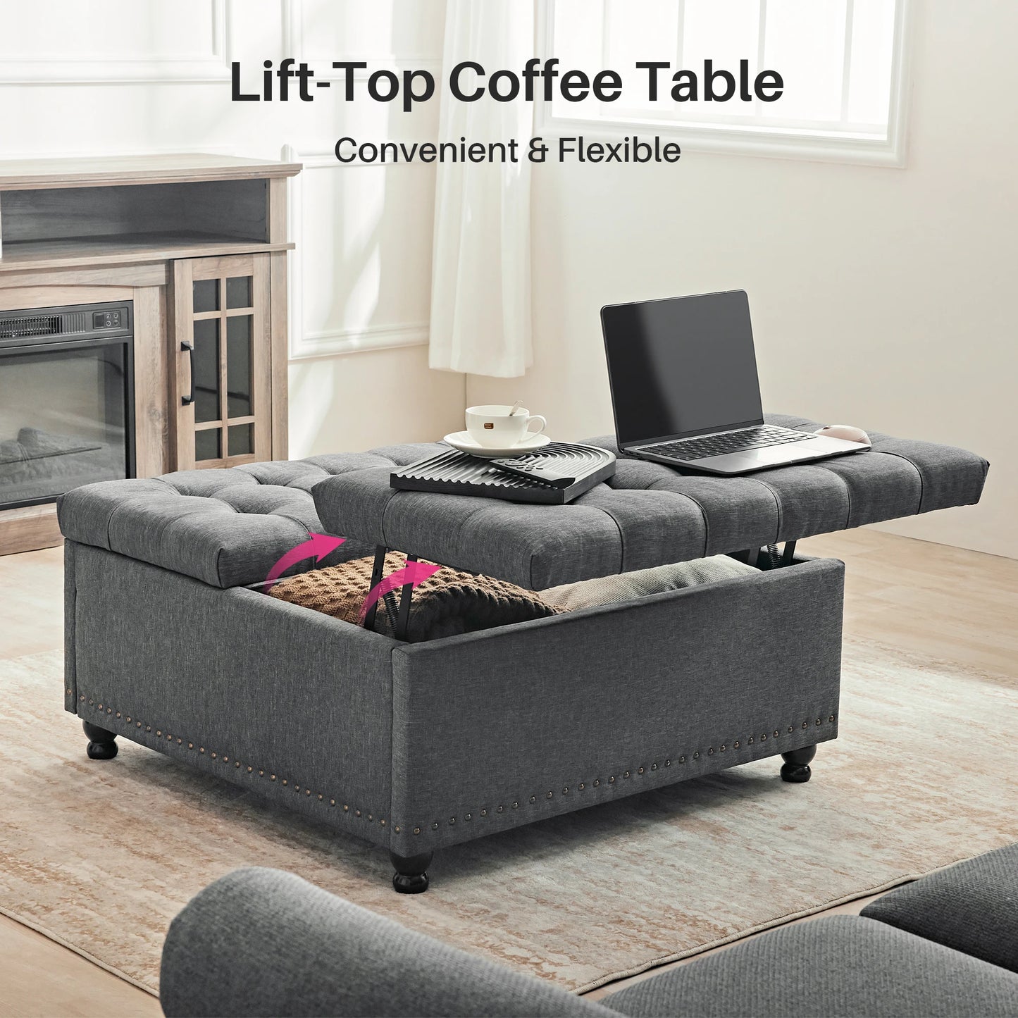 Large Square Storage Ottoman Bench Lift Top Upholstered Coffee Table