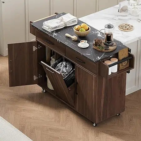 Rolling Kitchen Island on Wheels with Hidden Trash Can Storage