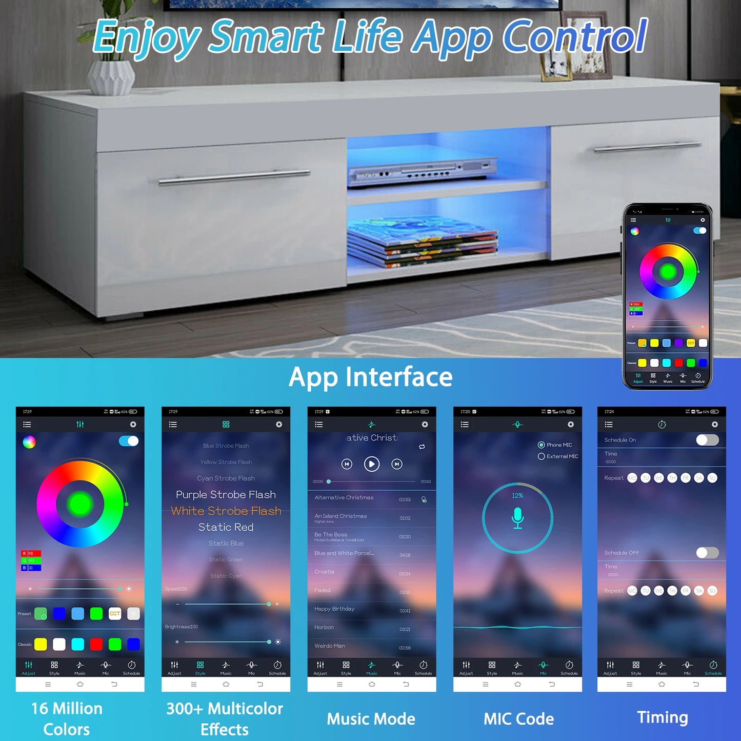 Modern TV Stand for 59 Inch TVs High Gloss LED Lights Entertainment Center