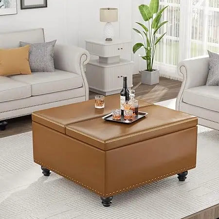 Square Storage Ottoman Faux Leather Lift Top Multi-Purpose Living Room